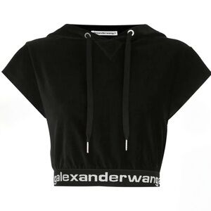 Alexander Wang Black Cropped Corduroy Stretch Logo Hoodie